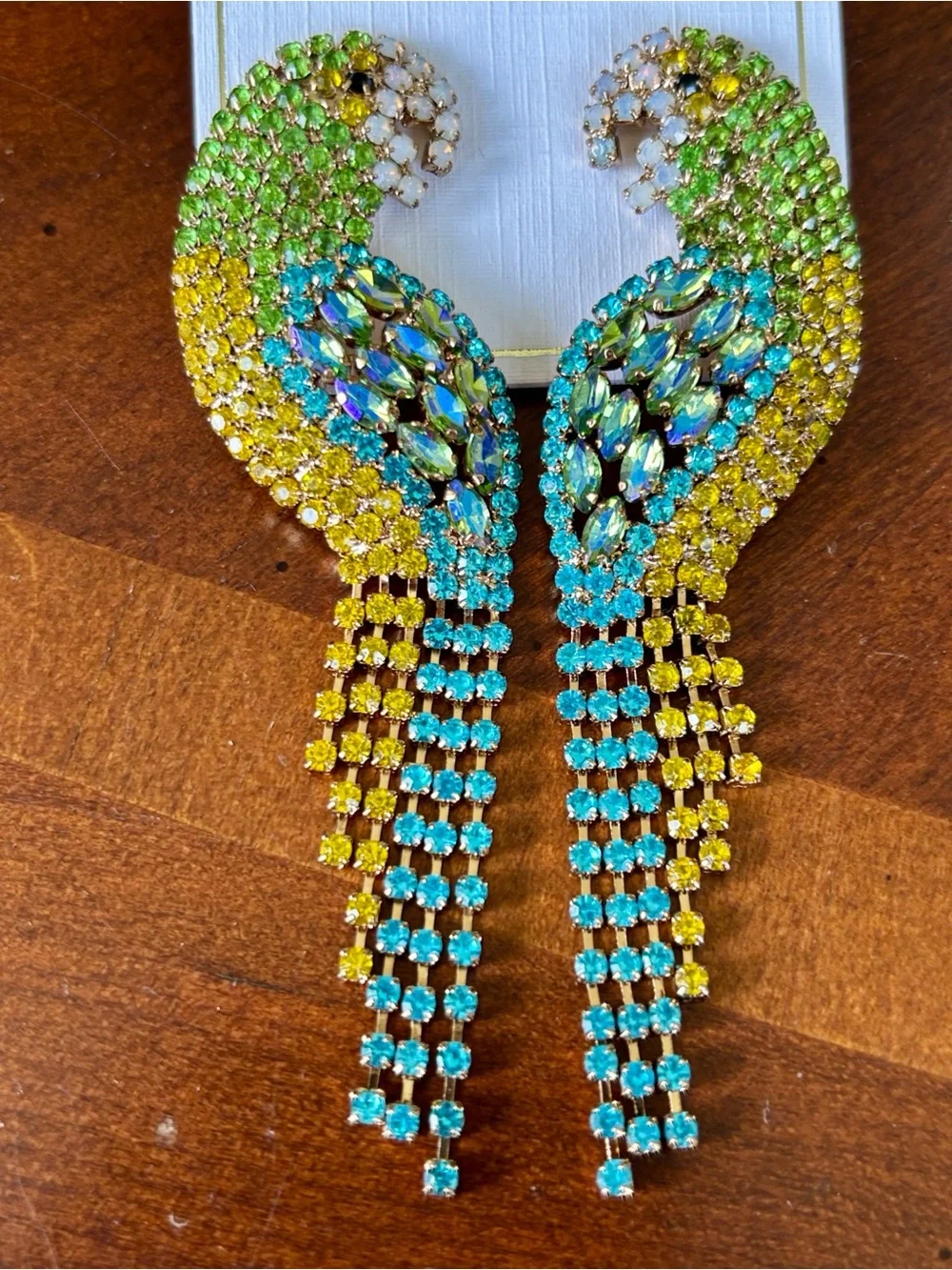 Pink Linen Tropical Parrot Rhinestone Statement Fringe Drop Earrings Summer Bird